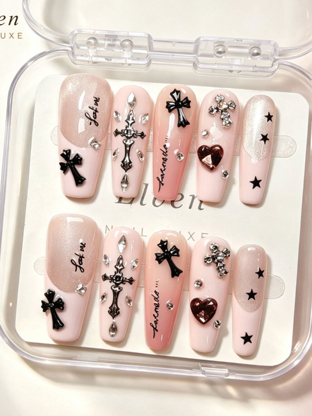 nude pink cat eye long coffin press on nails gradient with cross and heart gems